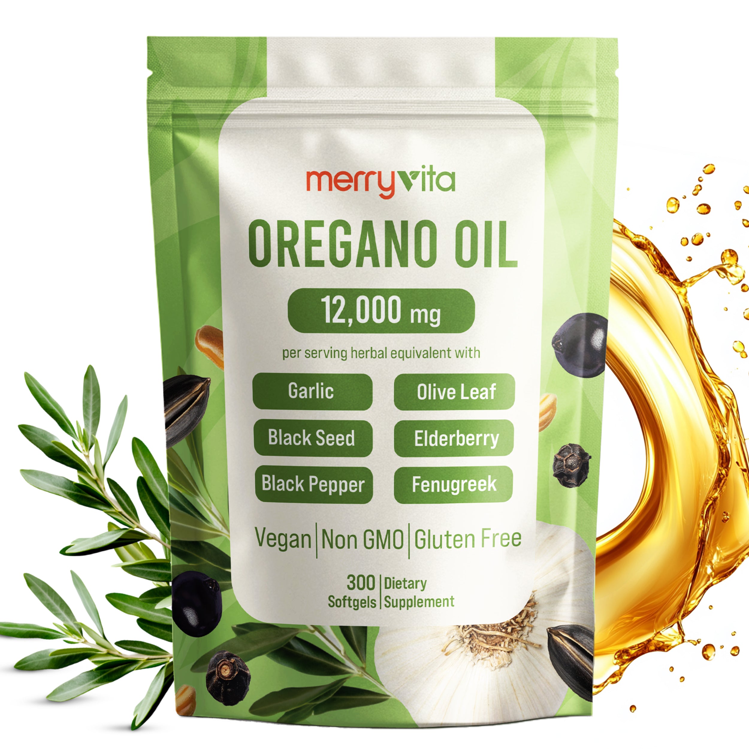 MERRYVITA Oregano Oil - 12,000mg with Garlic, Olive Leaf & Black Seed - 300 Soft gels